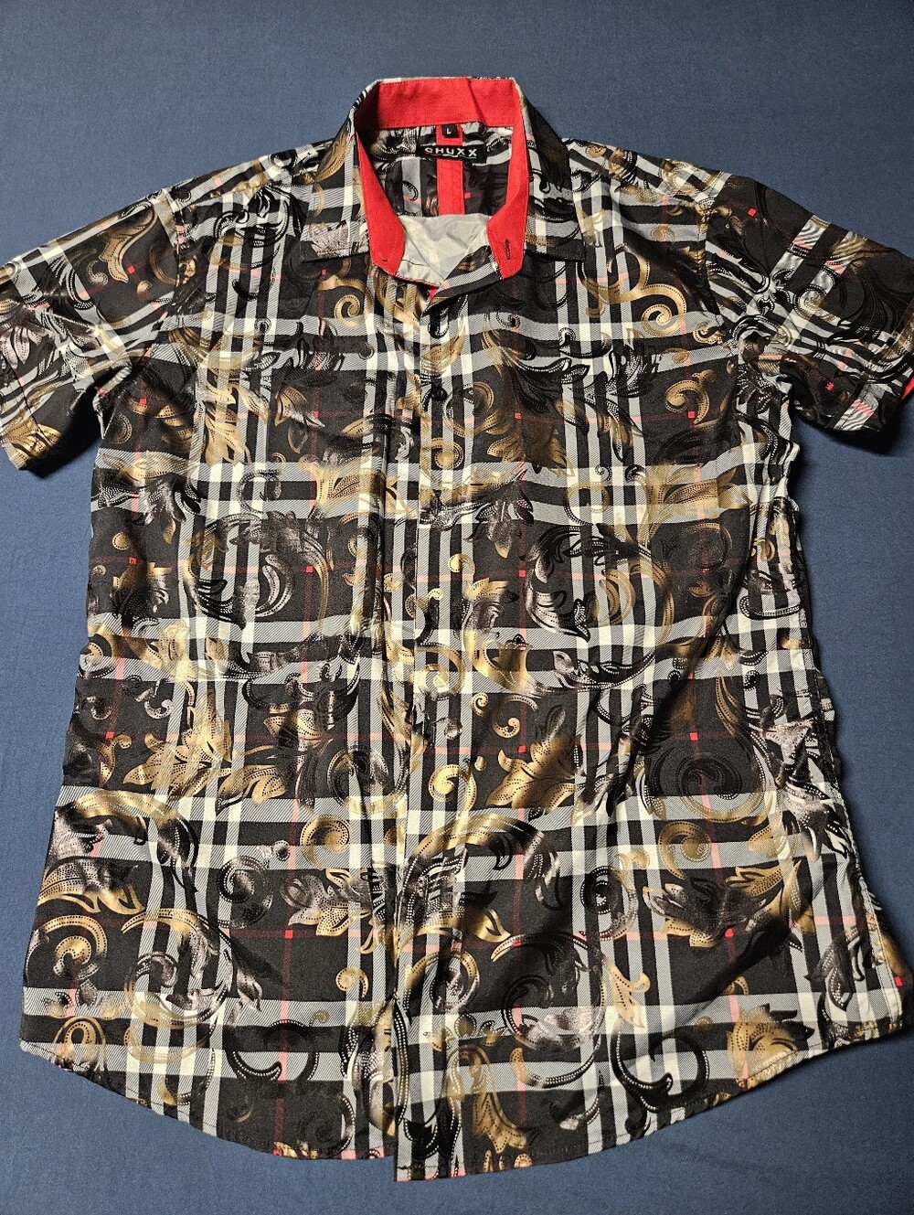 CHUXX Shiny Gold Renaissance Paisley Plaid Button Up Shirt Men's Size L Slim Fit